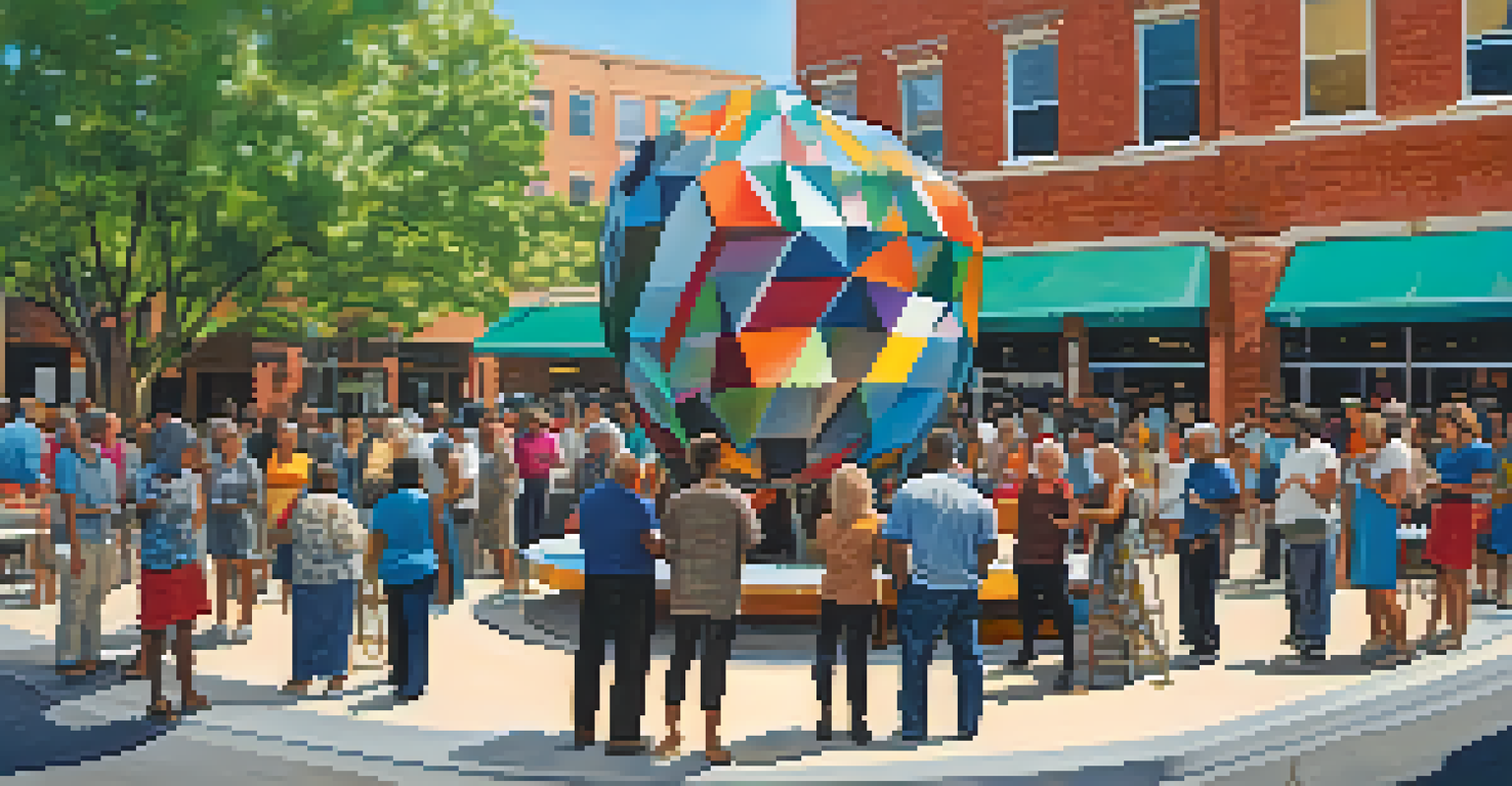 A crowd gathered around an abstract metal sculpture in a plaza, enjoying a festive atmosphere with food and music.
