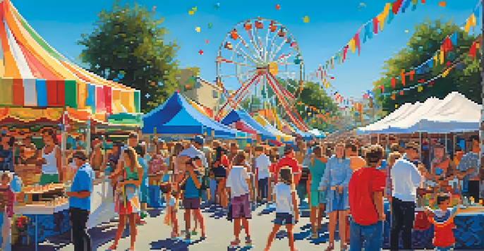 A lively outdoor festival with families, colorful booths, and children on carnival rides under a clear blue sky.