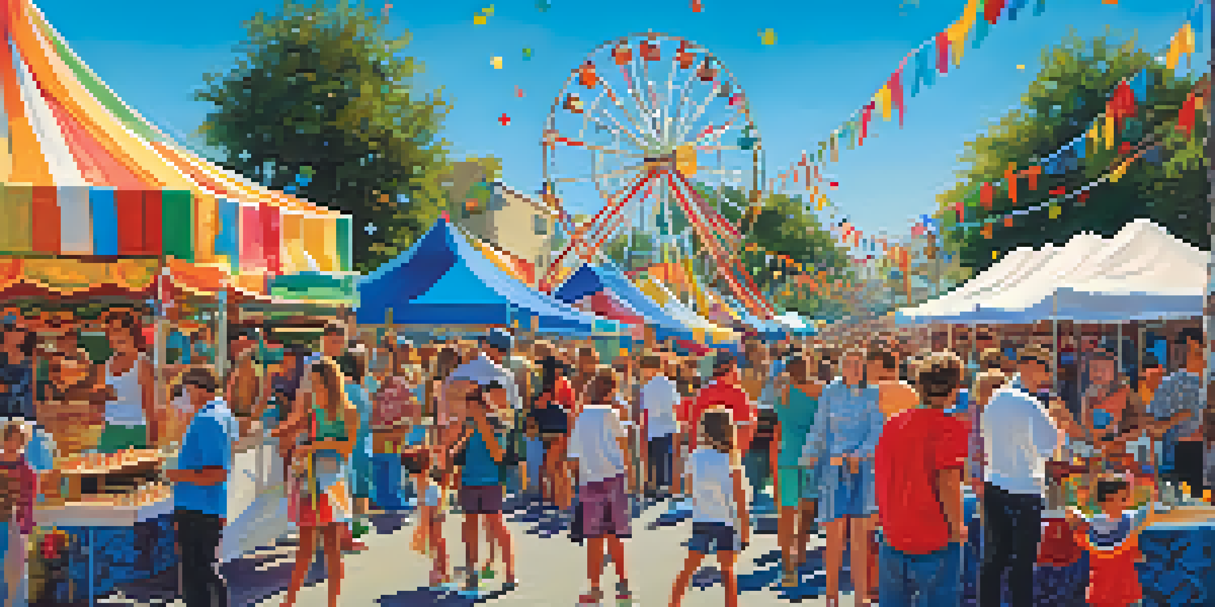 A lively outdoor festival with families, colorful booths, and children on carnival rides under a clear blue sky.