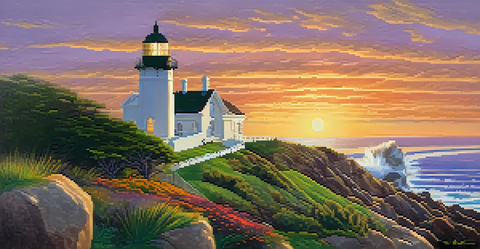 A scenic view of the Old Point Loma Lighthouse at sunset, surrounded by rocky coastline and vibrant sky colors.