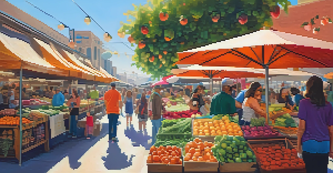 A bustling street market in San Diego filled with fresh produce and people enjoying vegan dishes under bright umbrellas.