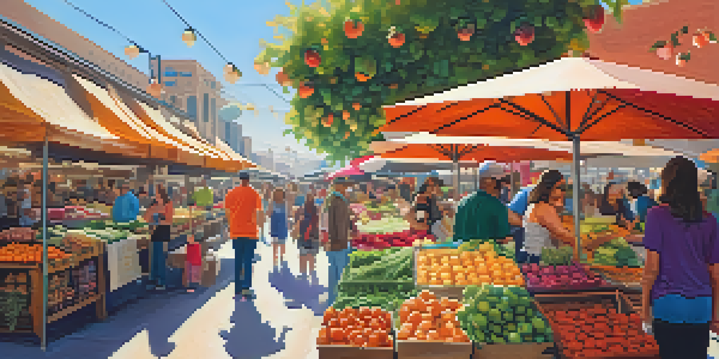 A bustling street market in San Diego filled with fresh produce and people enjoying vegan dishes under bright umbrellas.