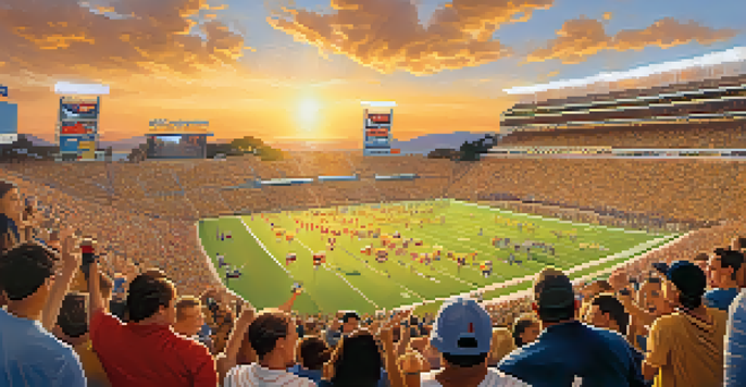 A bustling college sports stadium in San Diego, filled with fans wearing colorful team attire, cheering and waving banners under a sunset sky.