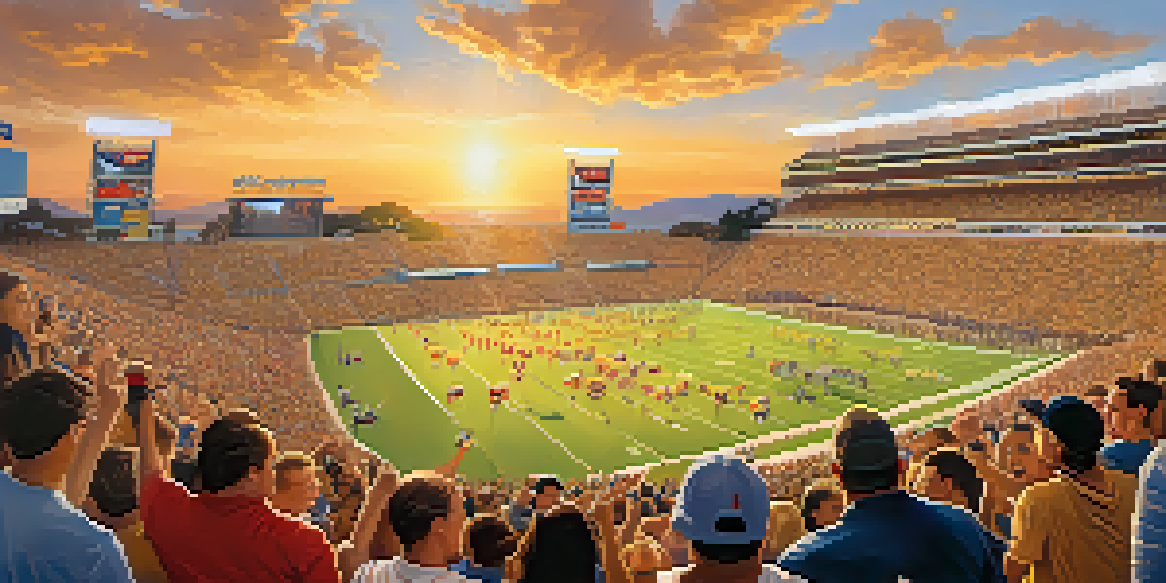 A bustling college sports stadium in San Diego, filled with fans wearing colorful team attire, cheering and waving banners under a sunset sky.