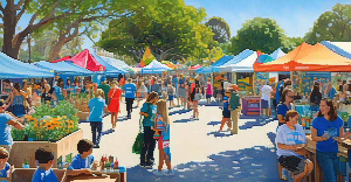 A lively outdoor festival in Balboa Park with colorful booths, families participating in activities, and children playing under a clear blue sky.
