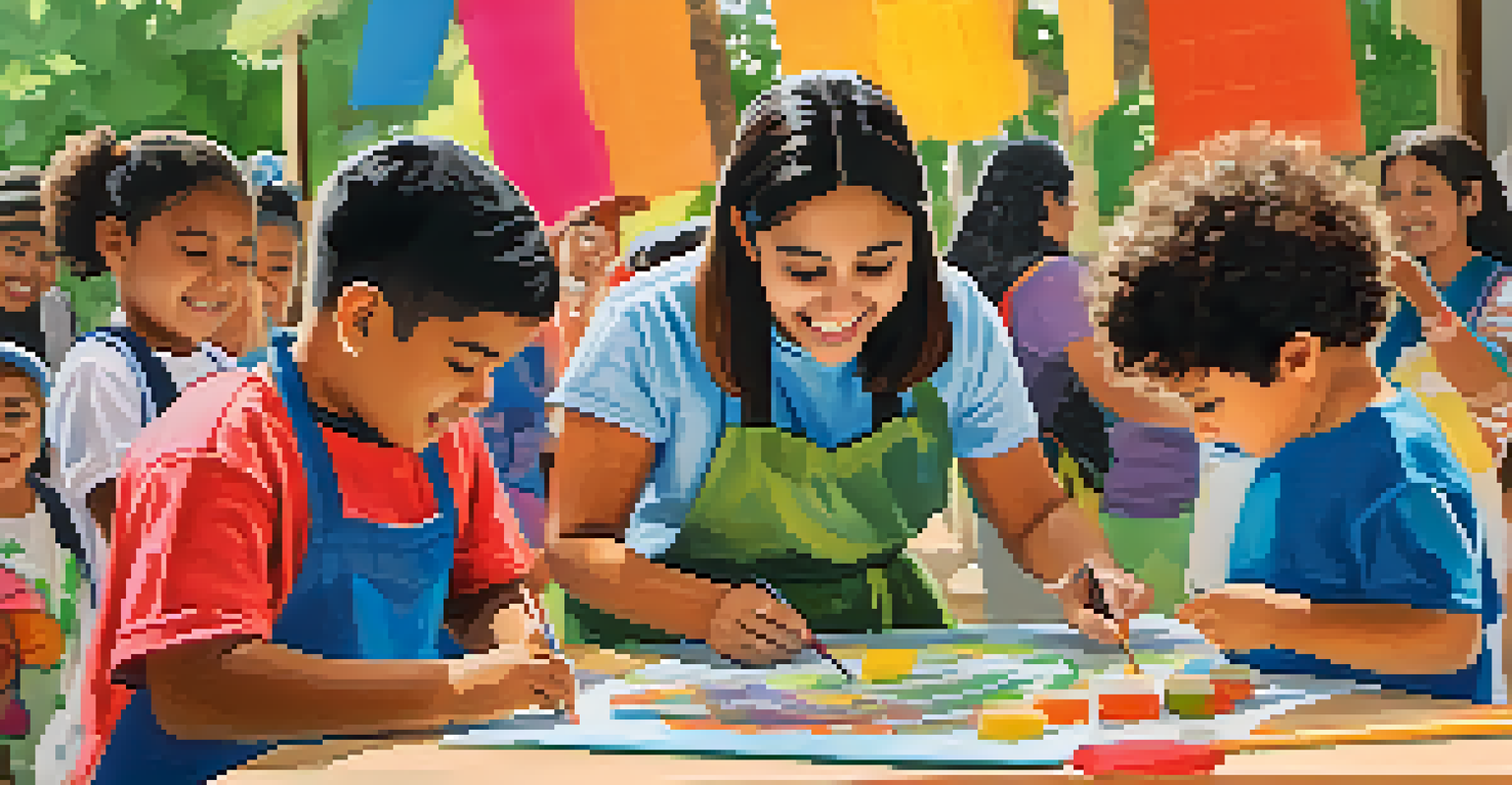 A workshop scene with children and families engaged in traditional crafts, surrounded by colorful materials and a guiding instructor.