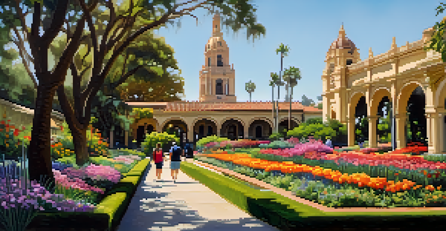 A picturesque view of Balboa Park in San Diego, showcasing Spanish-style buildings and beautiful gardens with visitors walking along the pathways.
