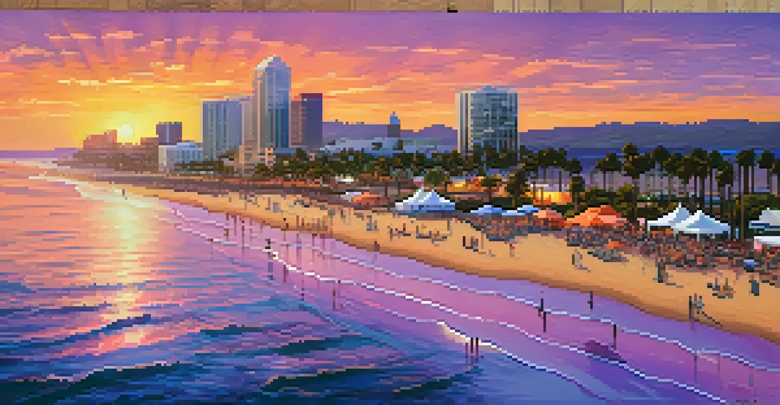 Aerial view of a beach craft beer festival in San Diego at sunset, with palm trees and colorful skies.