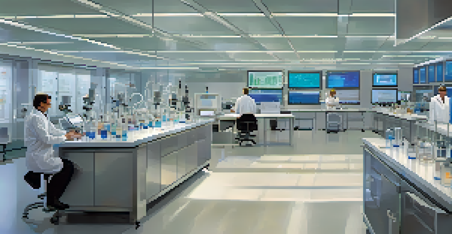 Interior of a modern laboratory with scientists working on biotech research, showcasing advanced equipment and a collaborative atmosphere.