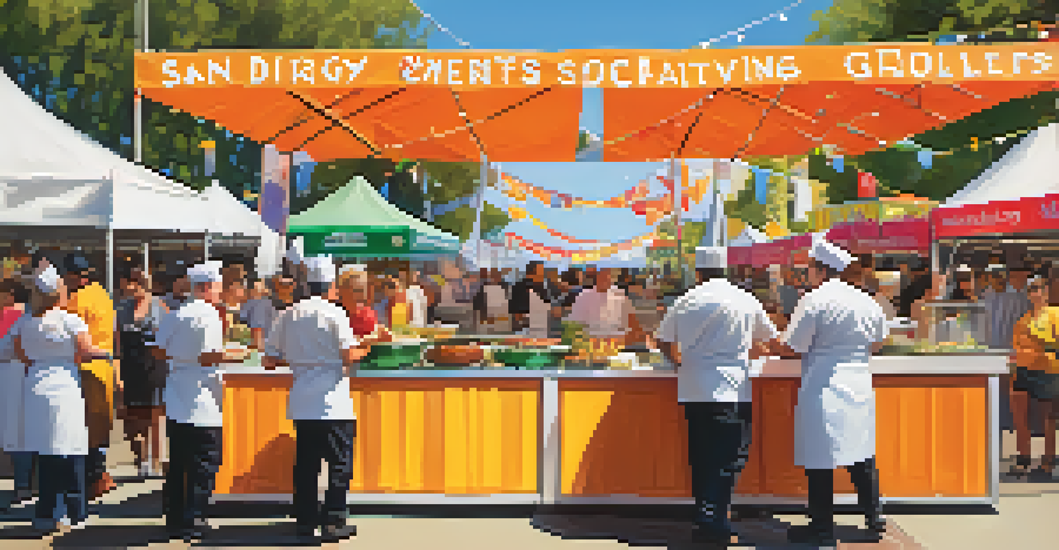 A bustling food festival in San Diego with chefs and visitors enjoying diverse culinary offerings.