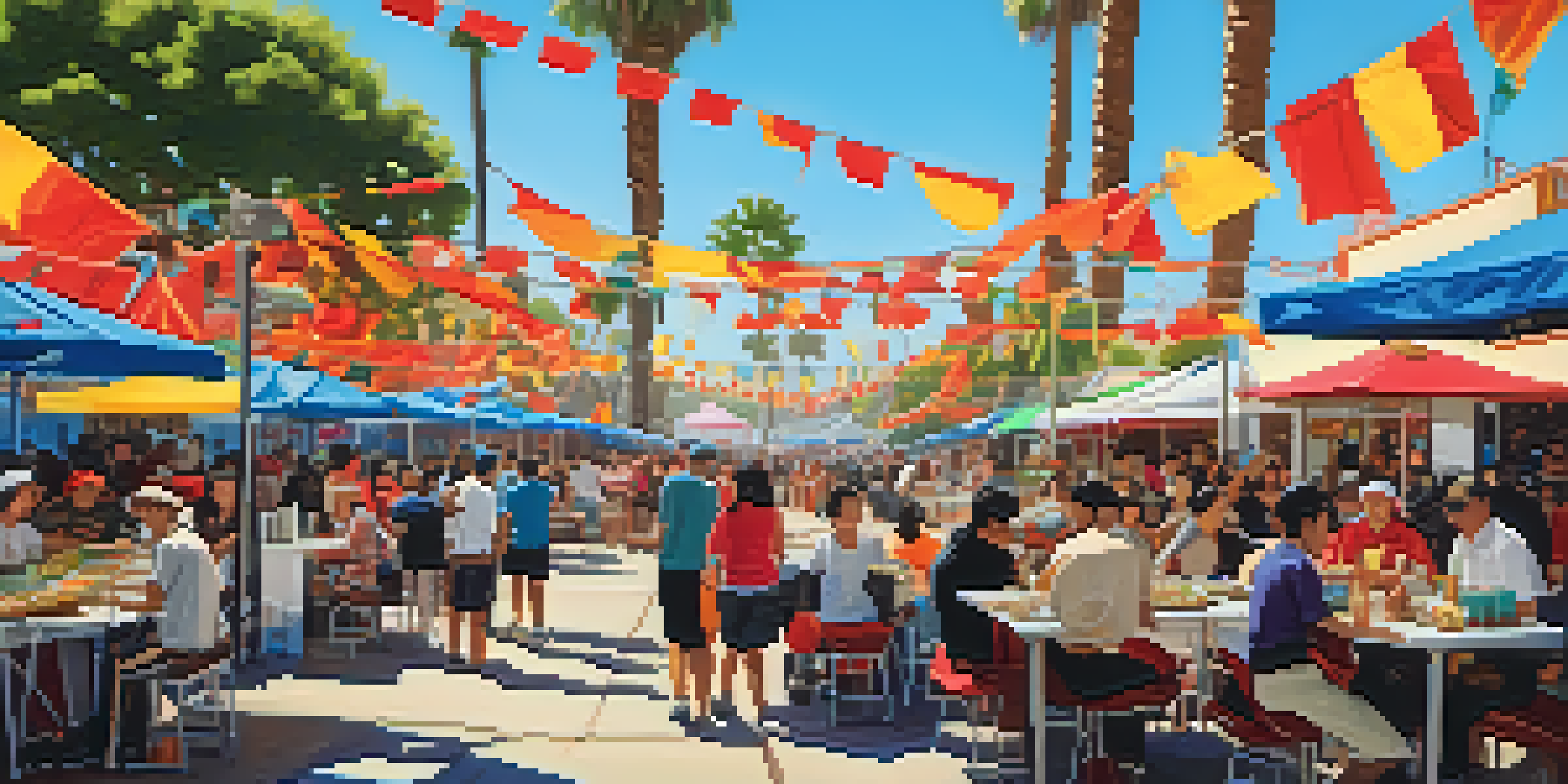 A bustling food festival in San Diego with colorful stalls and diverse diners enjoying fusion cuisine.