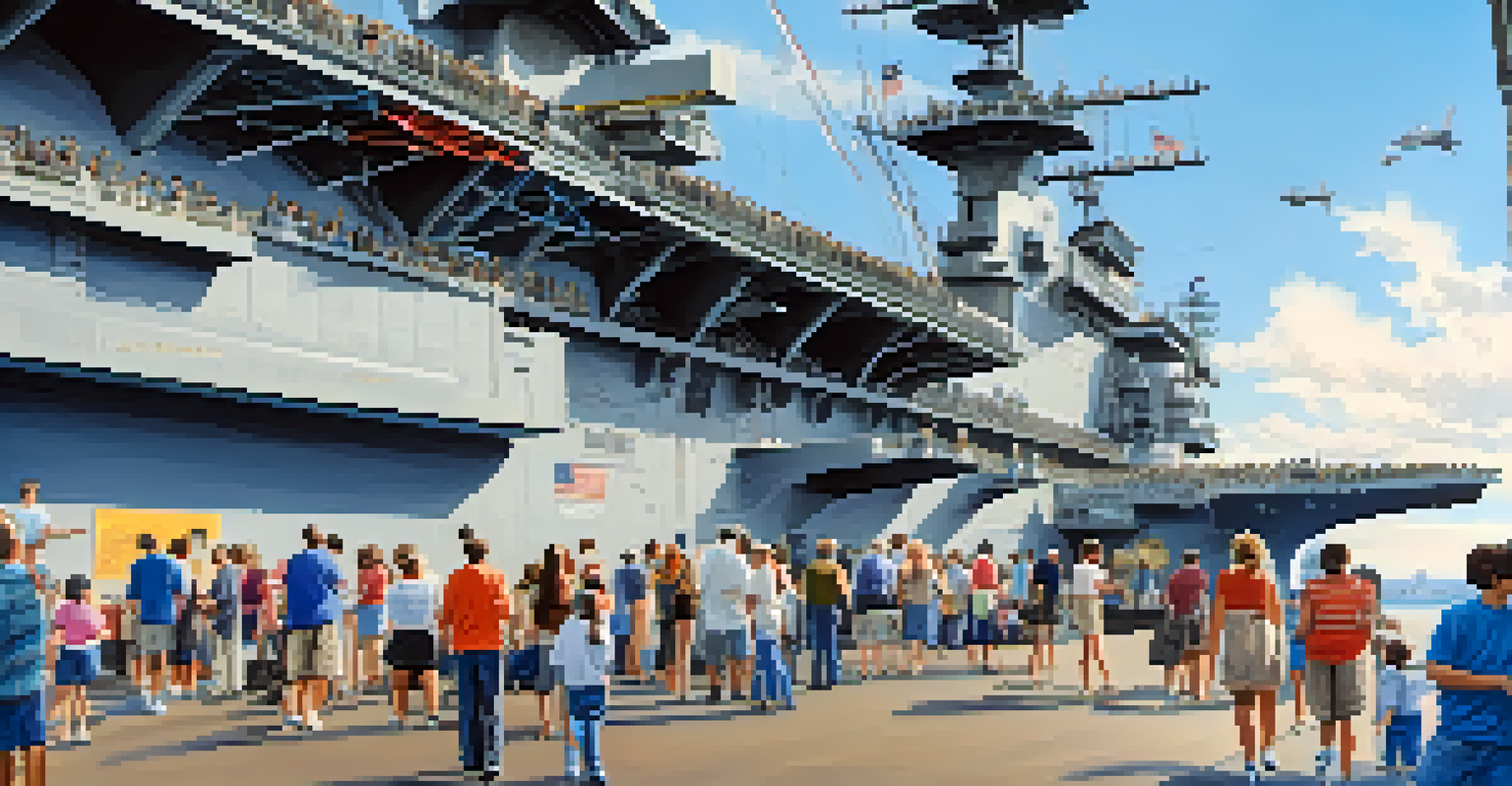 Visitors exploring the USS Midway Museum, showcasing the aircraft carrier's deck and aircraft.