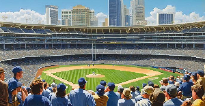 A lively baseball game at Petco Park with fans cheering, a clear sky, and players in brown and yellow uniforms.