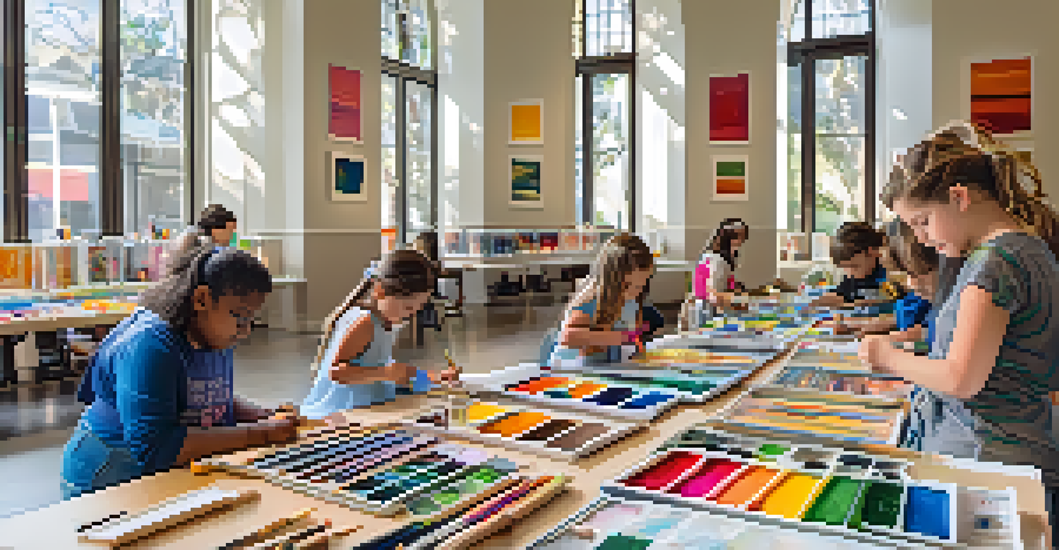 A community art workshop at the San Diego Museum of Art, with families and children engaged in colorful art activities under bright natural light.