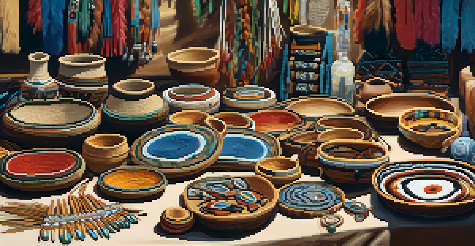 A table showcasing traditional Native American crafts like beadwork and pottery, with artisans interacting with visitors in a warm, inviting setting.
