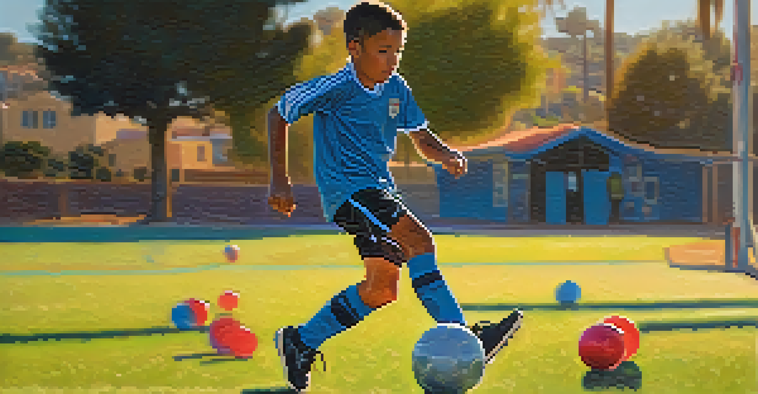 A young soccer player practicing dribbling on a training field in San Diego, with colorful cones and a determined look.