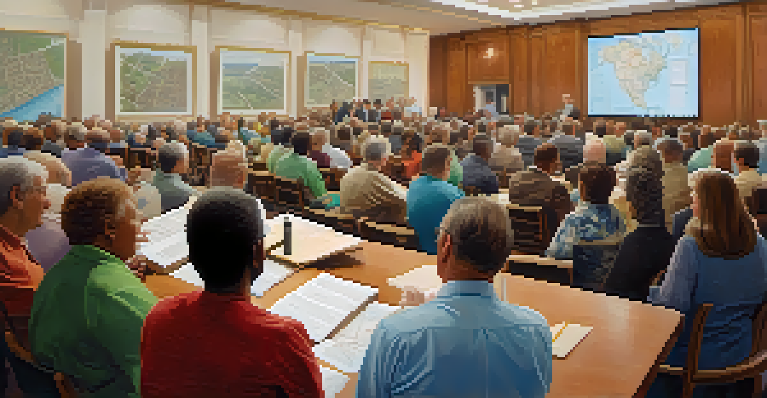 A community meeting in a city hall with residents discussing zoning laws and looking at a city map.