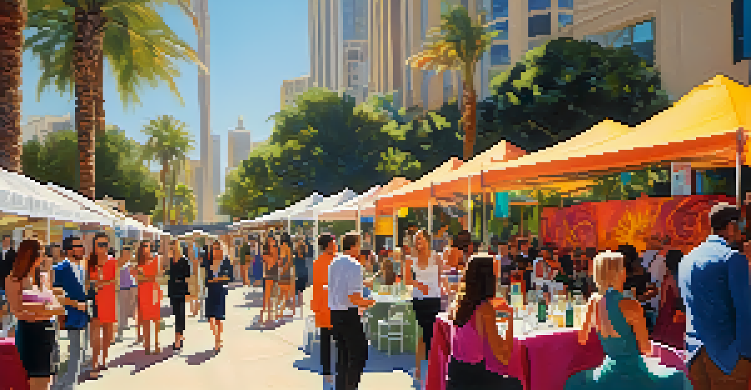 Attendees networking at an outdoor event during San Diego Fashion Week, surrounded by colorful booths and sunny ambiance.