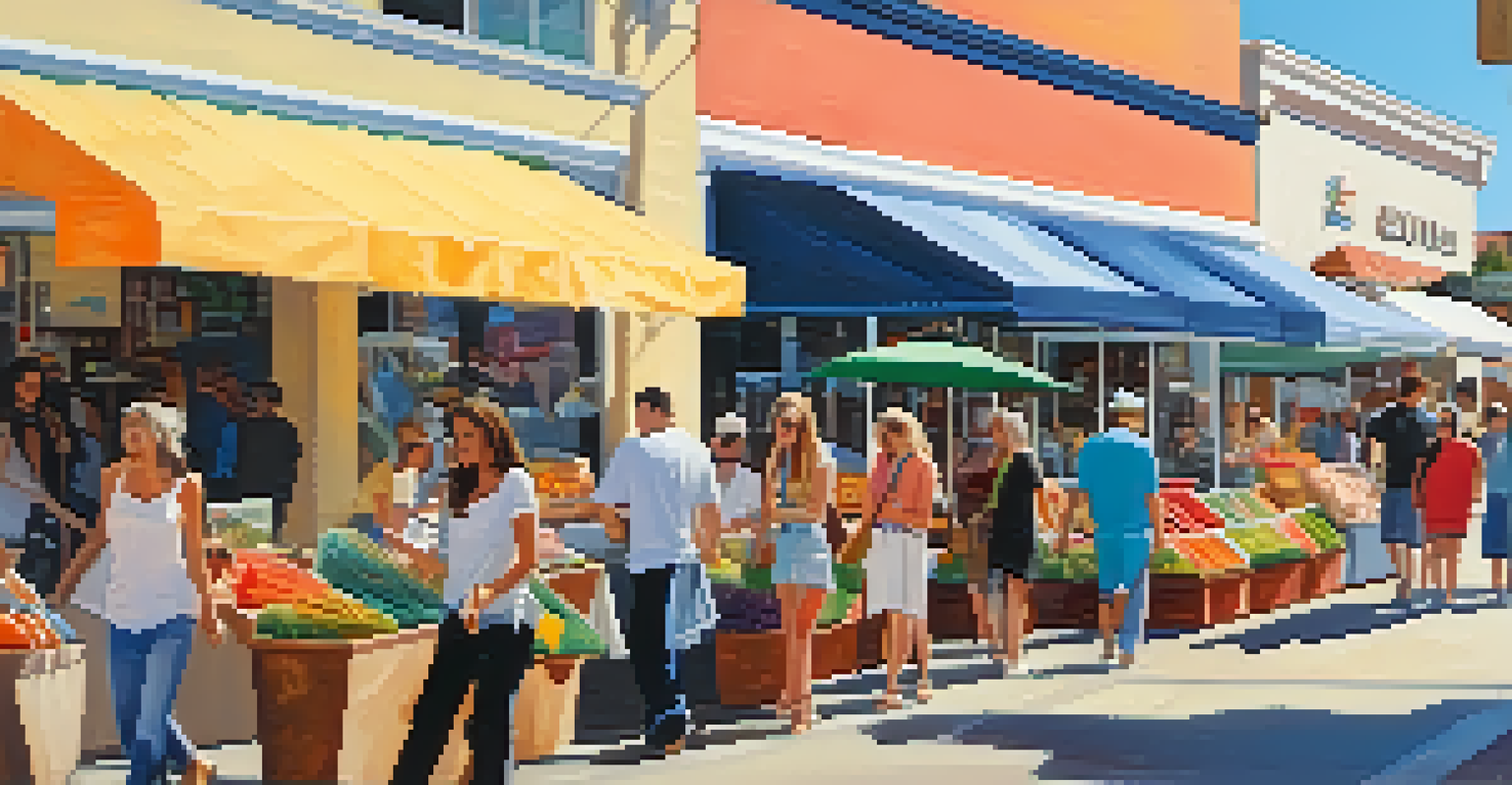 A lively shopping scene on Girard Avenue in La Jolla with colorful shops and bustling crowds.