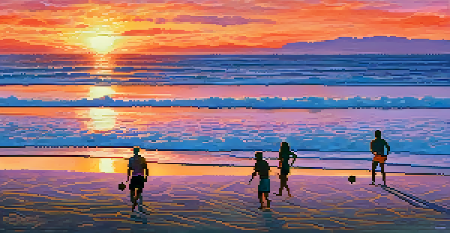 A breathtaking sunset at Pacific Beach with two silhouetted volleyball players jumping for the ball, set against a colorful sky and beach scene.