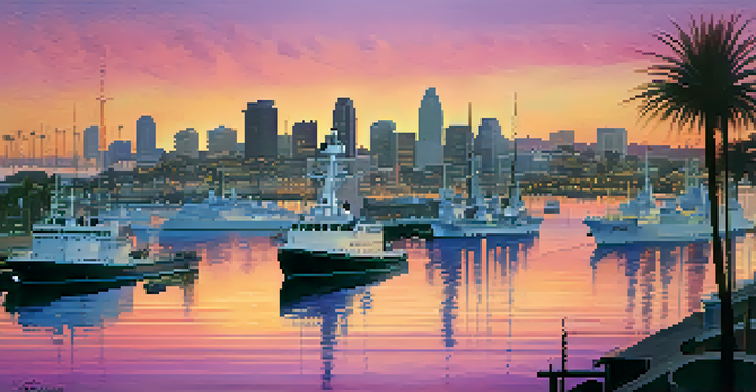 A sunset view of San Diego's harbor with naval ships and sailboats, featuring the USS Midway Museum silhouette and palm trees.