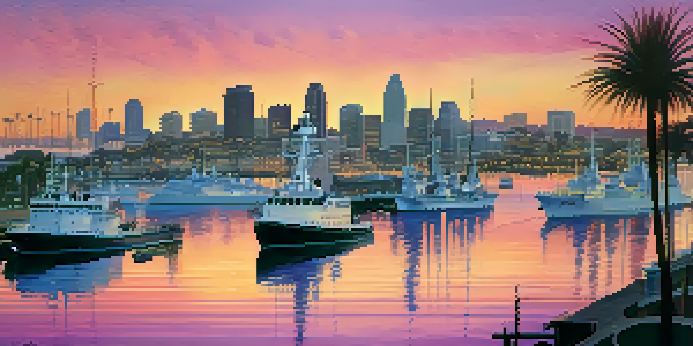 A sunset view of San Diego's harbor with naval ships and sailboats, featuring the USS Midway Museum silhouette and palm trees.