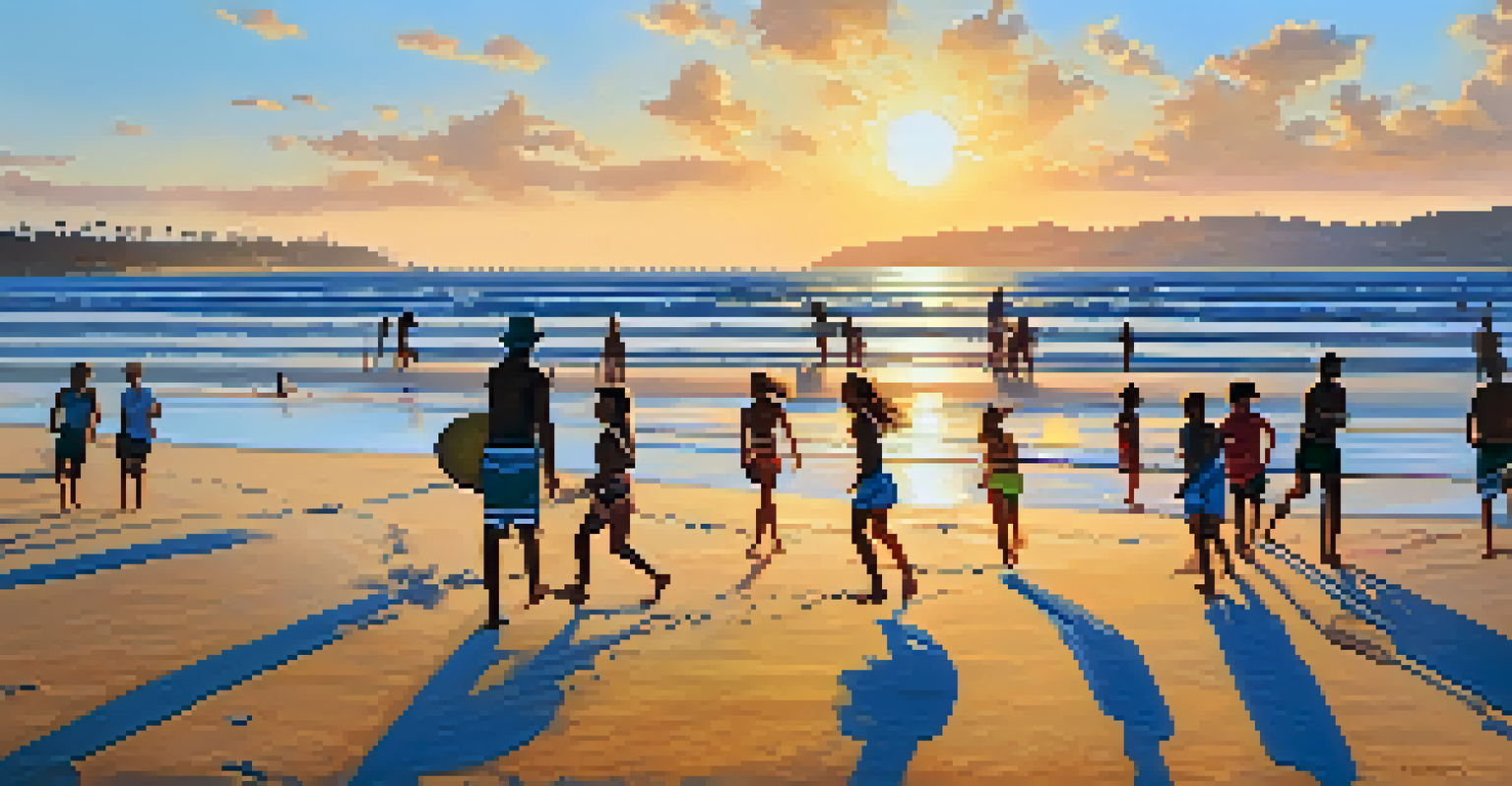 A vibrant sunset at Mission Beach with people enjoying beach activities and colorful skies.