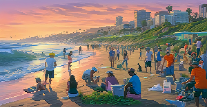 A diverse group of tourists participating in a beach clean-up at sunset in San Diego, with a colorful sky and ocean waves.