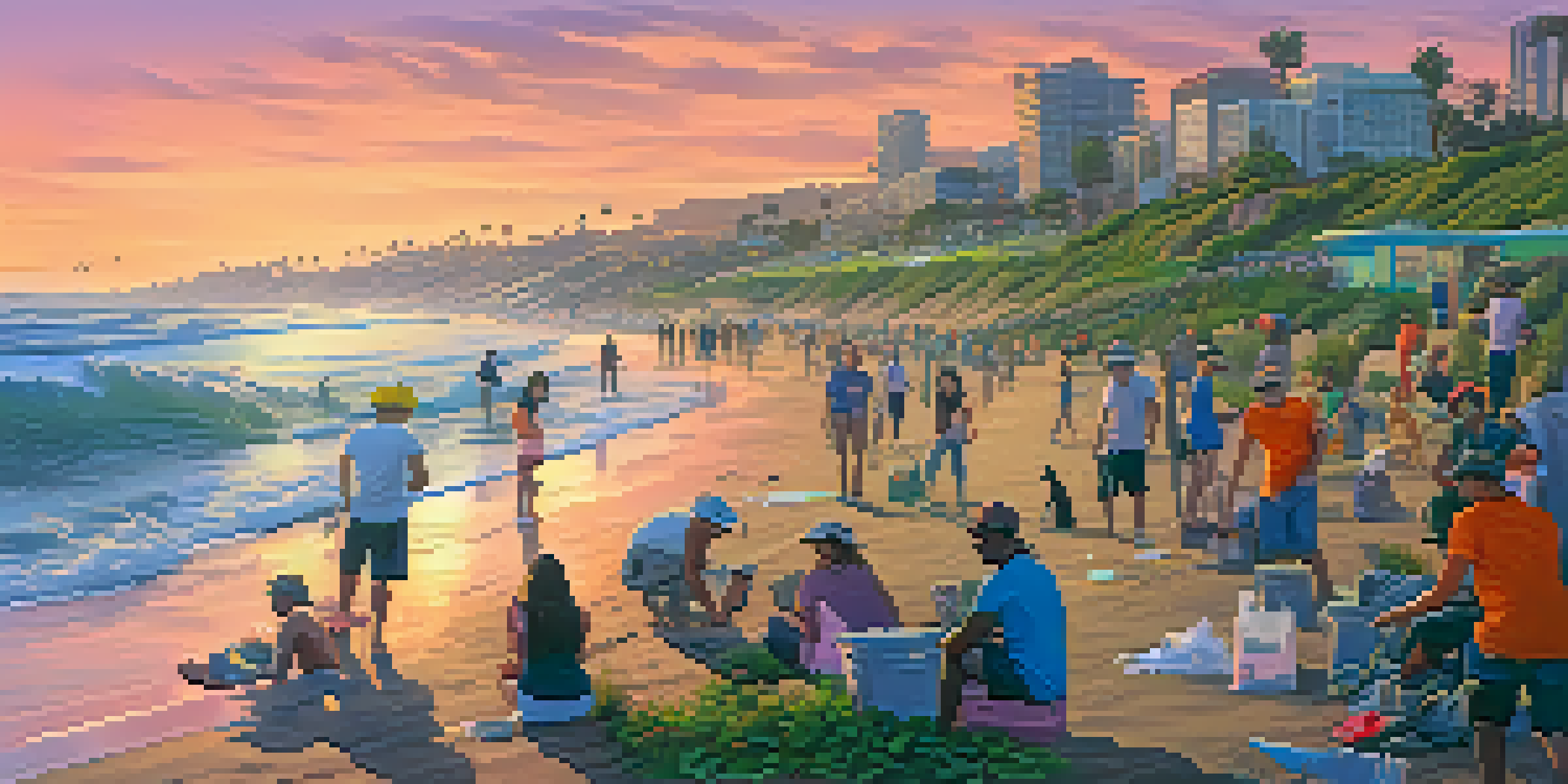 A diverse group of tourists participating in a beach clean-up at sunset in San Diego, with a colorful sky and ocean waves.