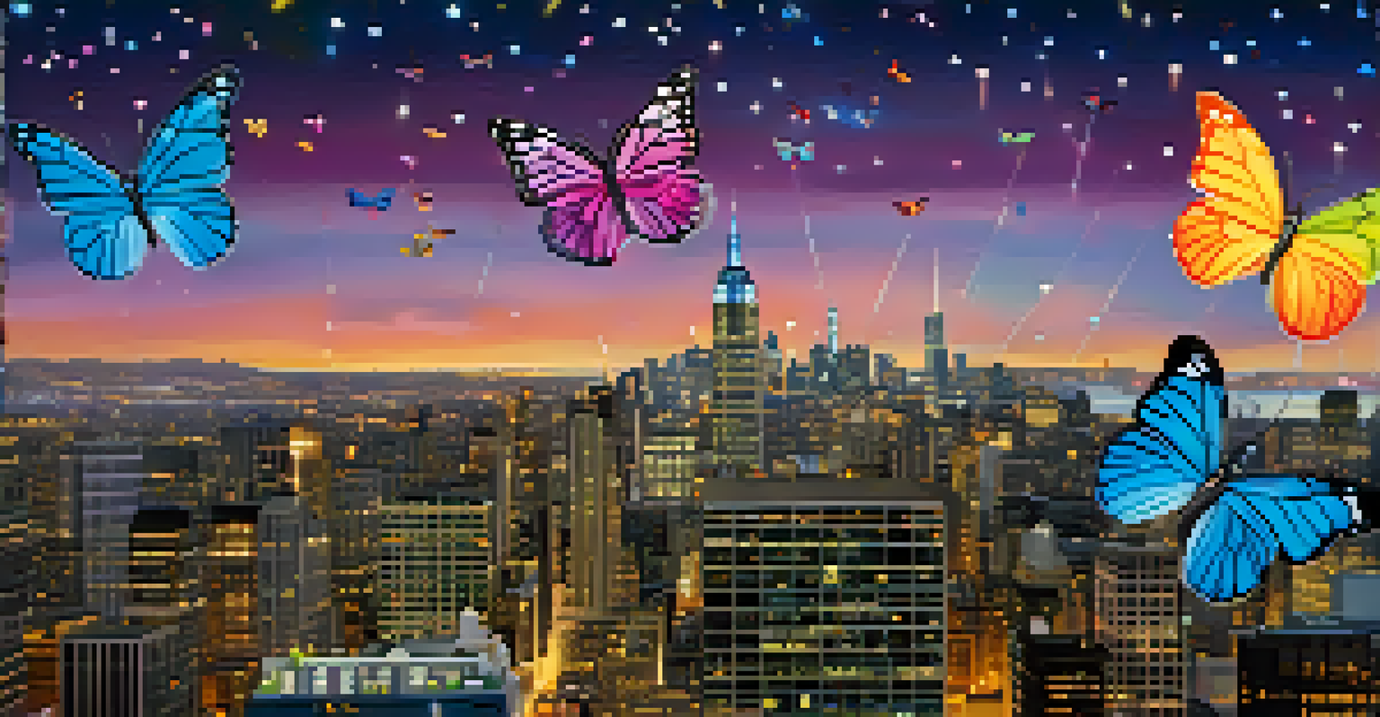 Colorful film reels changing into butterflies against a twilight city skyline.