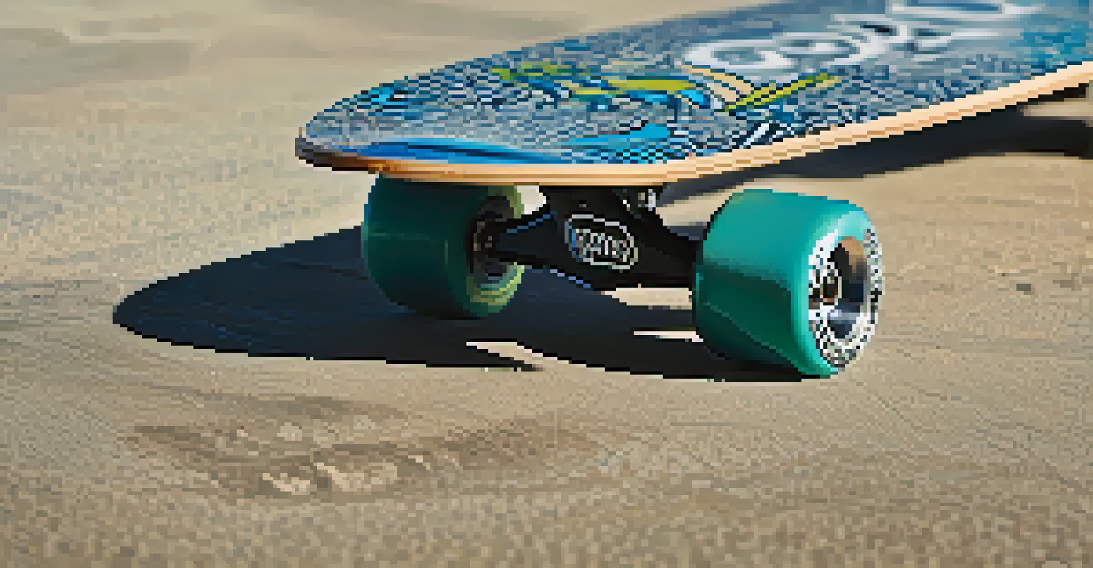 A close-up of a skateboard deck with a vibrant graphic design, resting on a textured concrete surface with skate shoes on it.