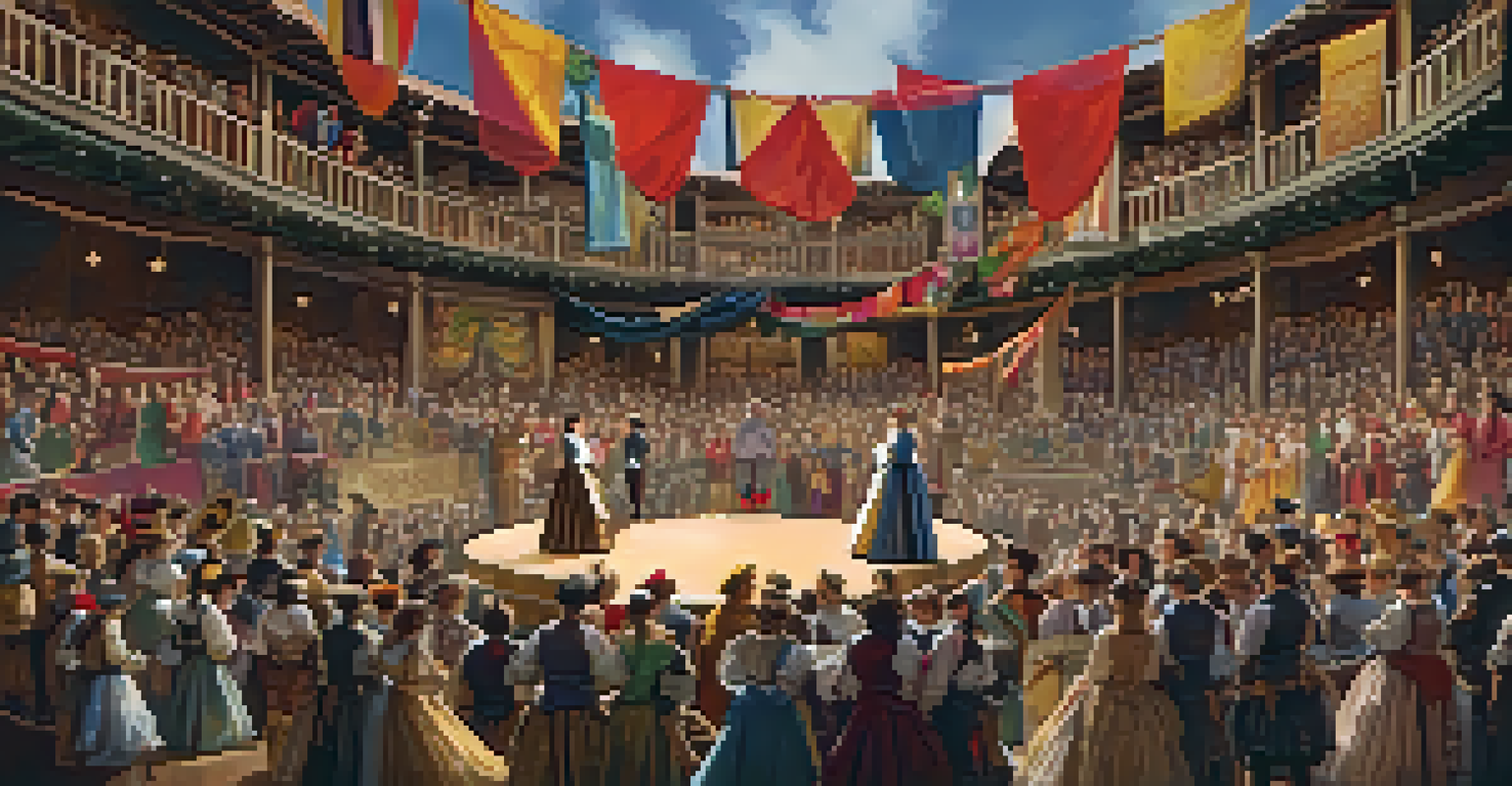 Actors performing at the Shakespeare Festival at The Old Globe Theatre with a vibrant audience.