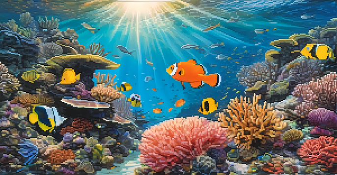An underwater scene showcasing colorful coral reefs with clownfish, various fish, and sea turtles under sunlight.