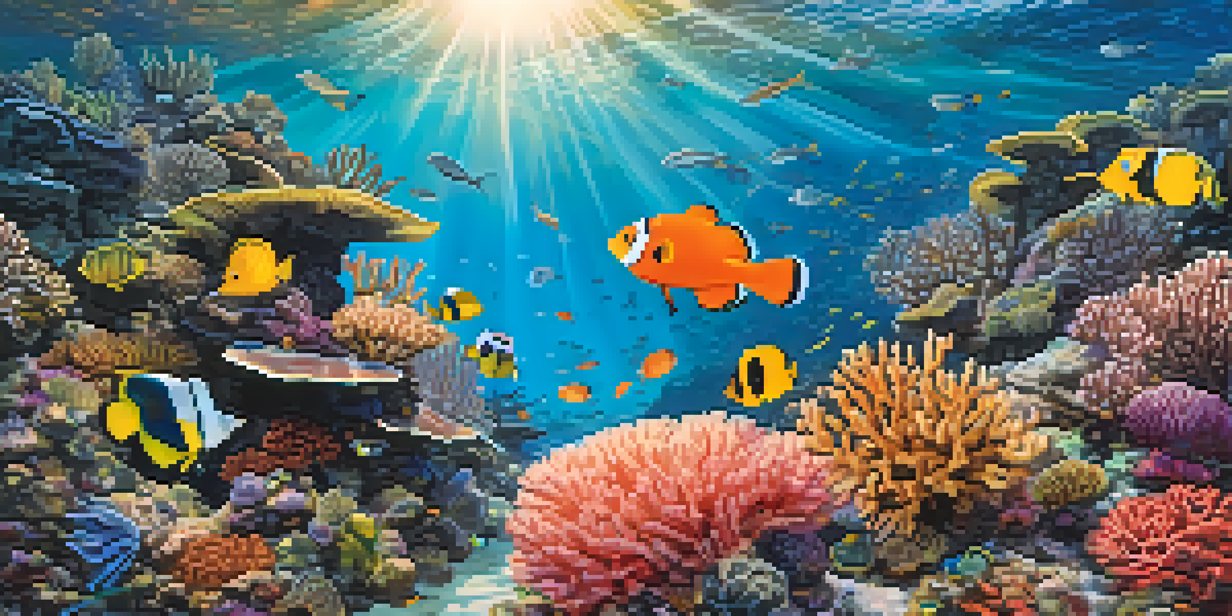 An underwater scene showcasing colorful coral reefs with clownfish, various fish, and sea turtles under sunlight.
