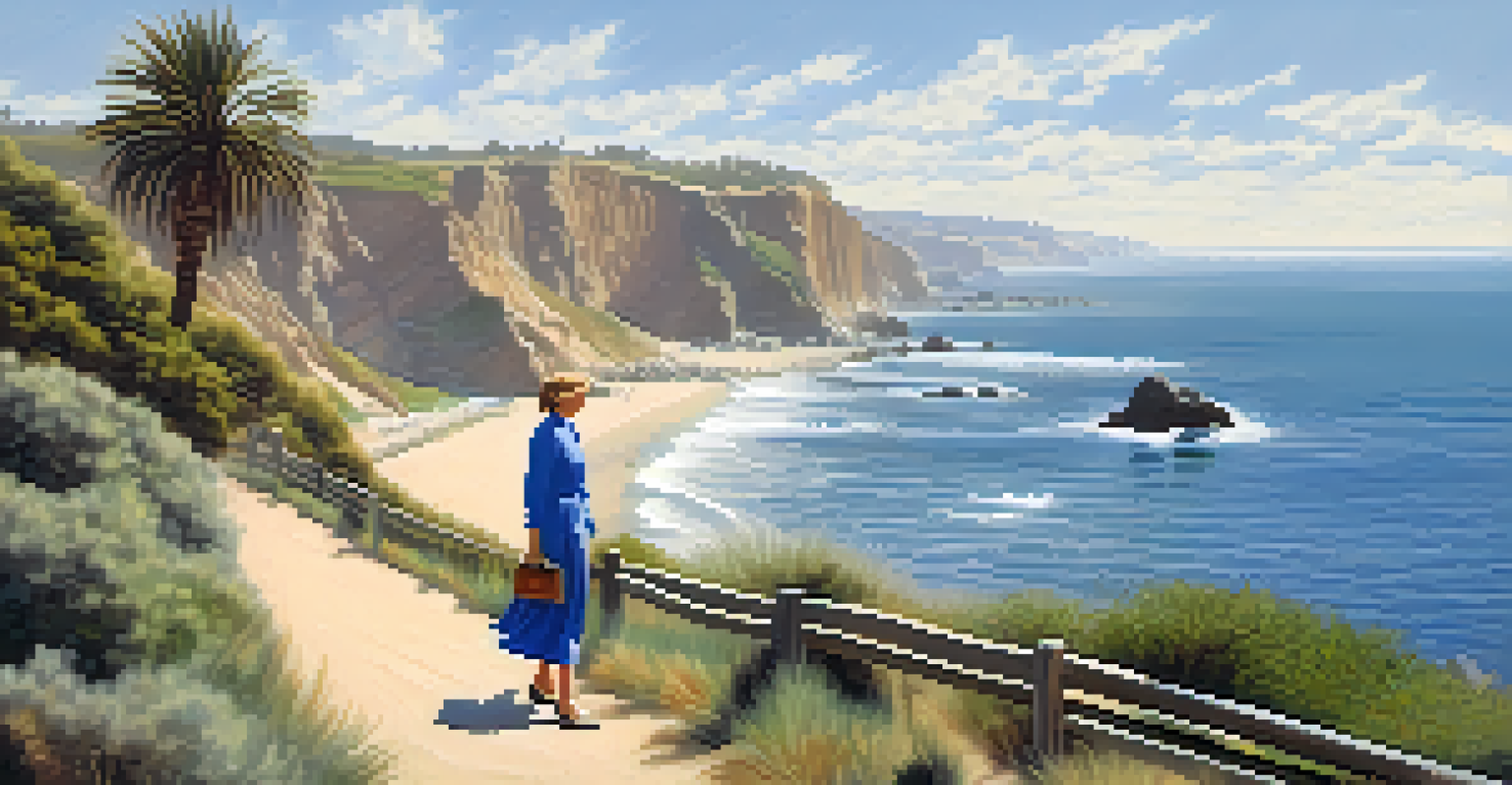 Eleanor Roosevelt walking along a coastal path in San Diego, with ocean waves, cliffs, and palm trees under a bright blue sky.
