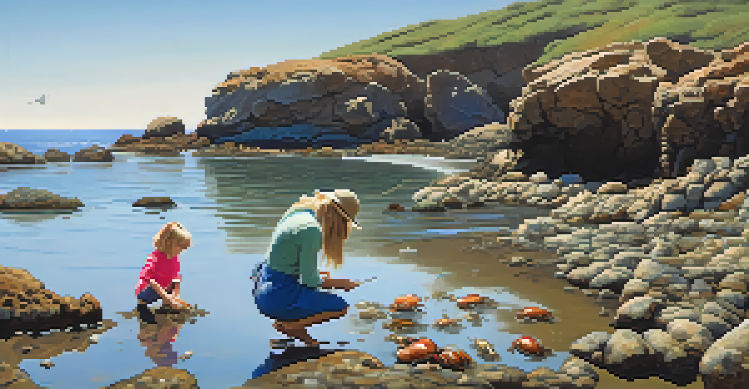 A family of four exploring tide pools, with children examining small marine life in a rocky coastal area.