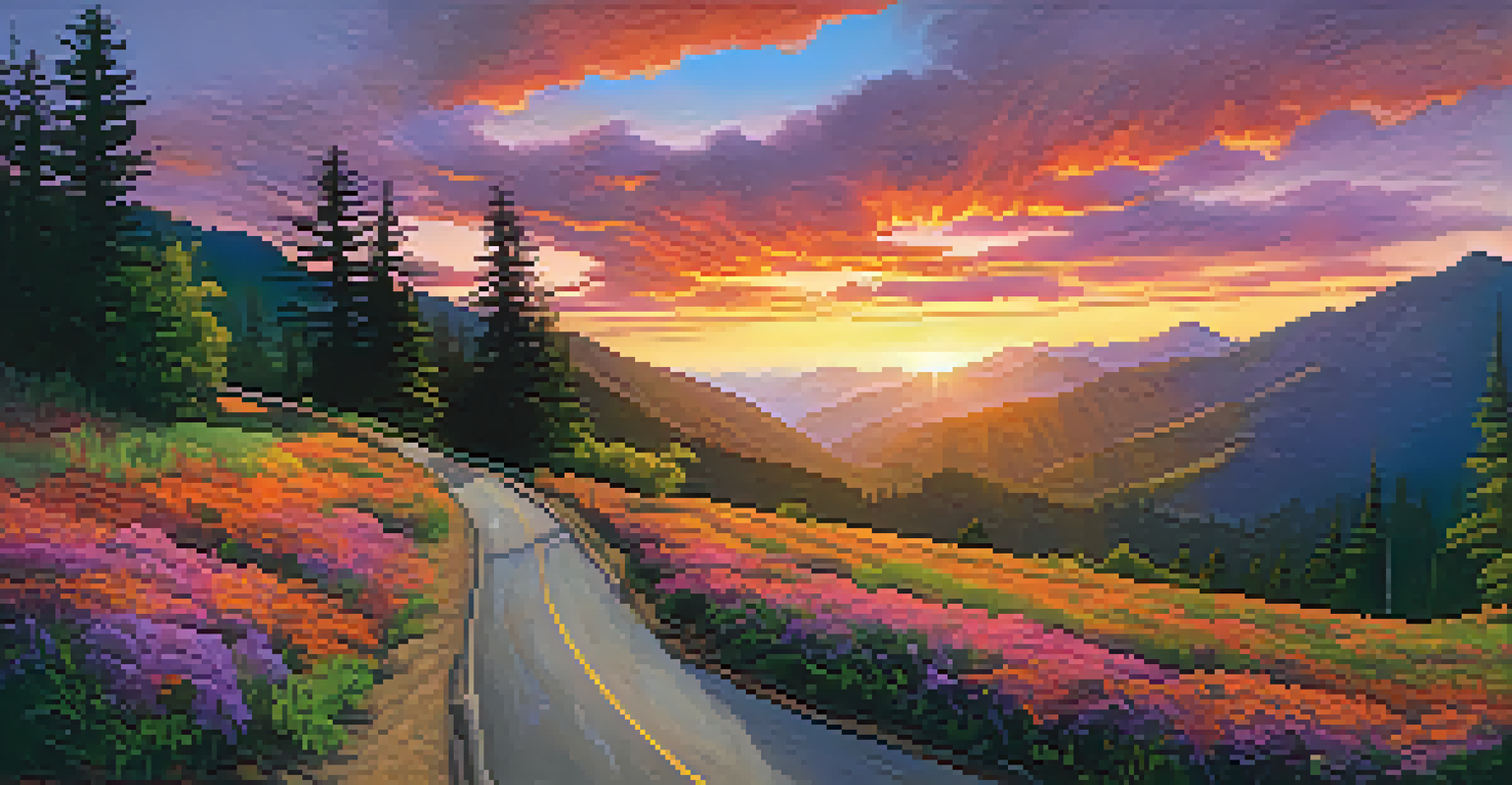 A winding highway through mountains at sunset, with colorful skies and lush forests.