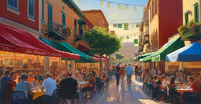 A lively street scene in Little Italy, San Diego, with people dining outdoors and enjoying Italian cuisine under colorful banners during sunset.