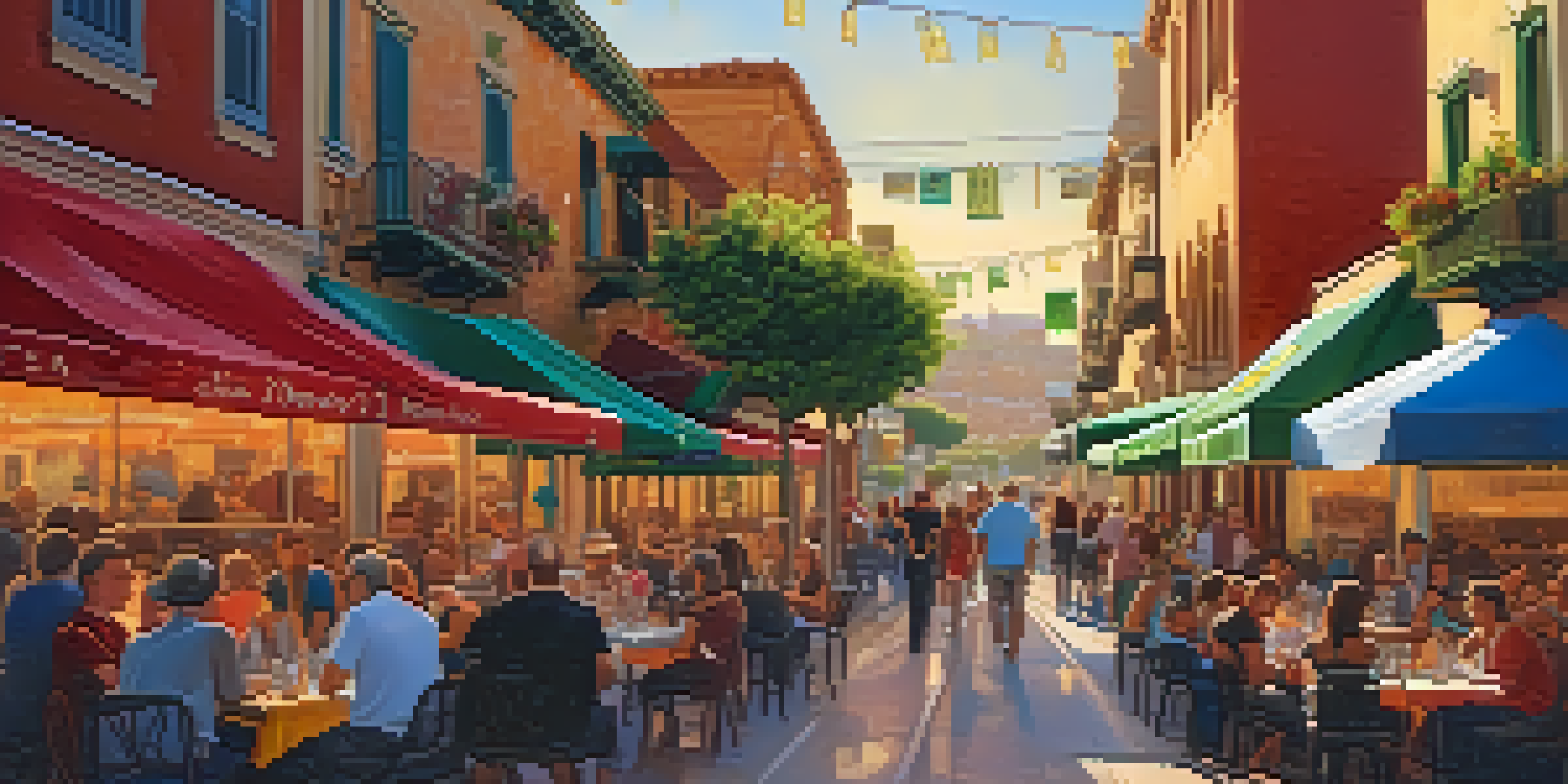 A lively street scene in Little Italy, San Diego, with people dining outdoors and enjoying Italian cuisine under colorful banners during sunset.