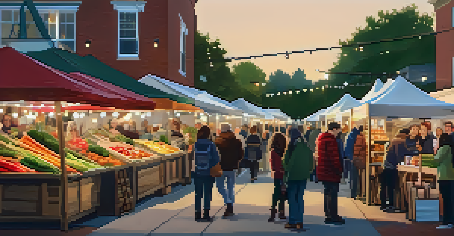 A charming Kensington Farmers Market with vendors, organic produce, and a cozy atmosphere enhanced by string lights.
