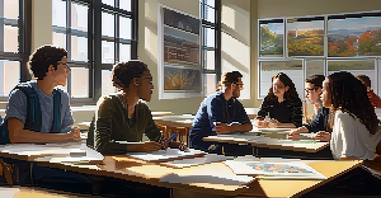 A cozy classroom with students and a diverse teacher engaged in an interactive discussion.