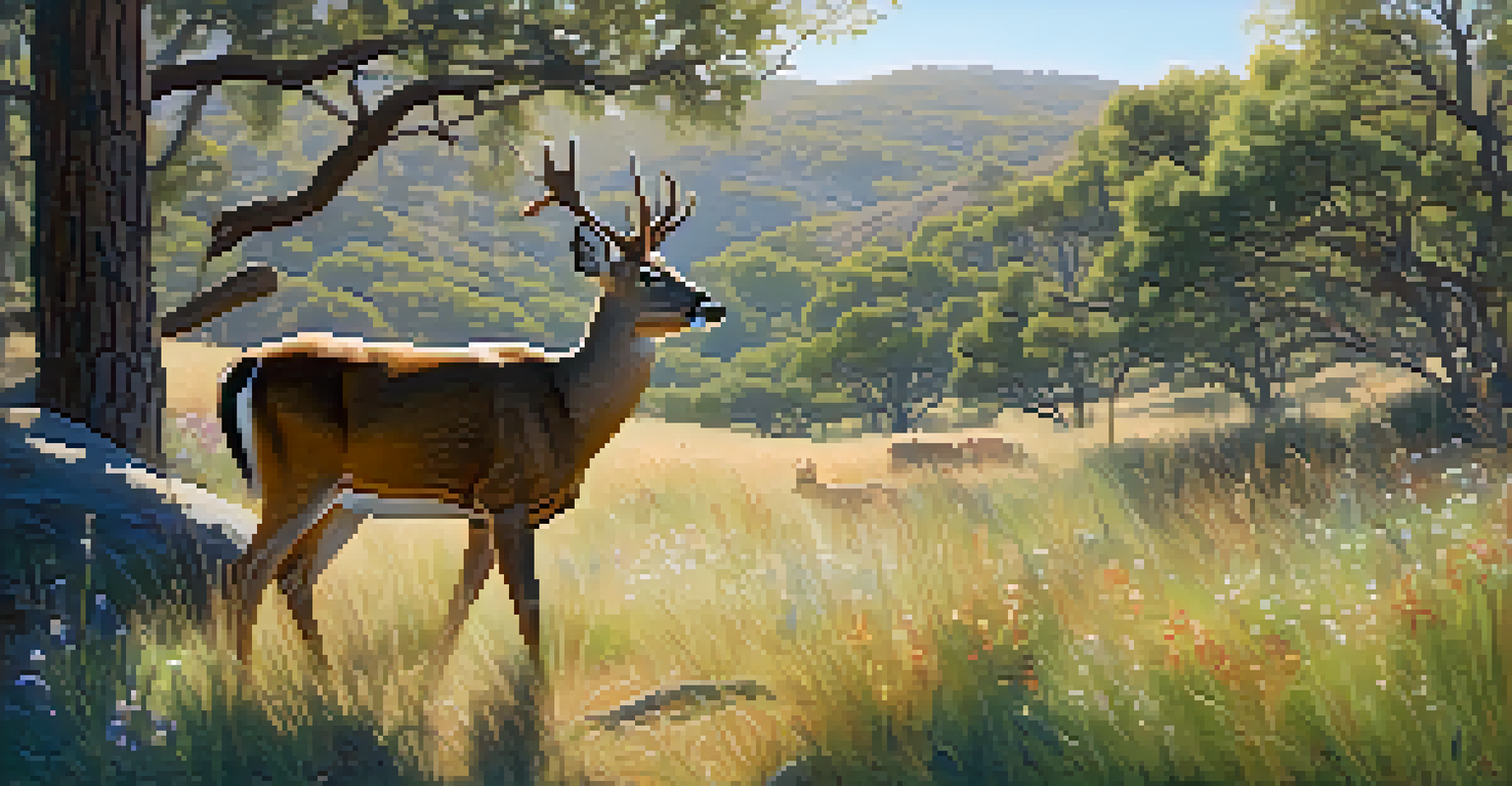 A deer grazing in a meadow at Cuyamaca Rancho State Park, surrounded by oak trees and wildflowers.