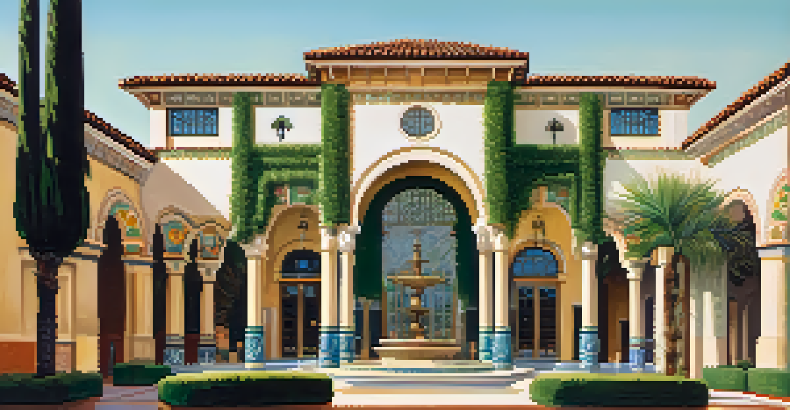 A close-up view of a pavilion showcasing Spanish Colonial Revival architecture with intricate tile work and ornamental details.