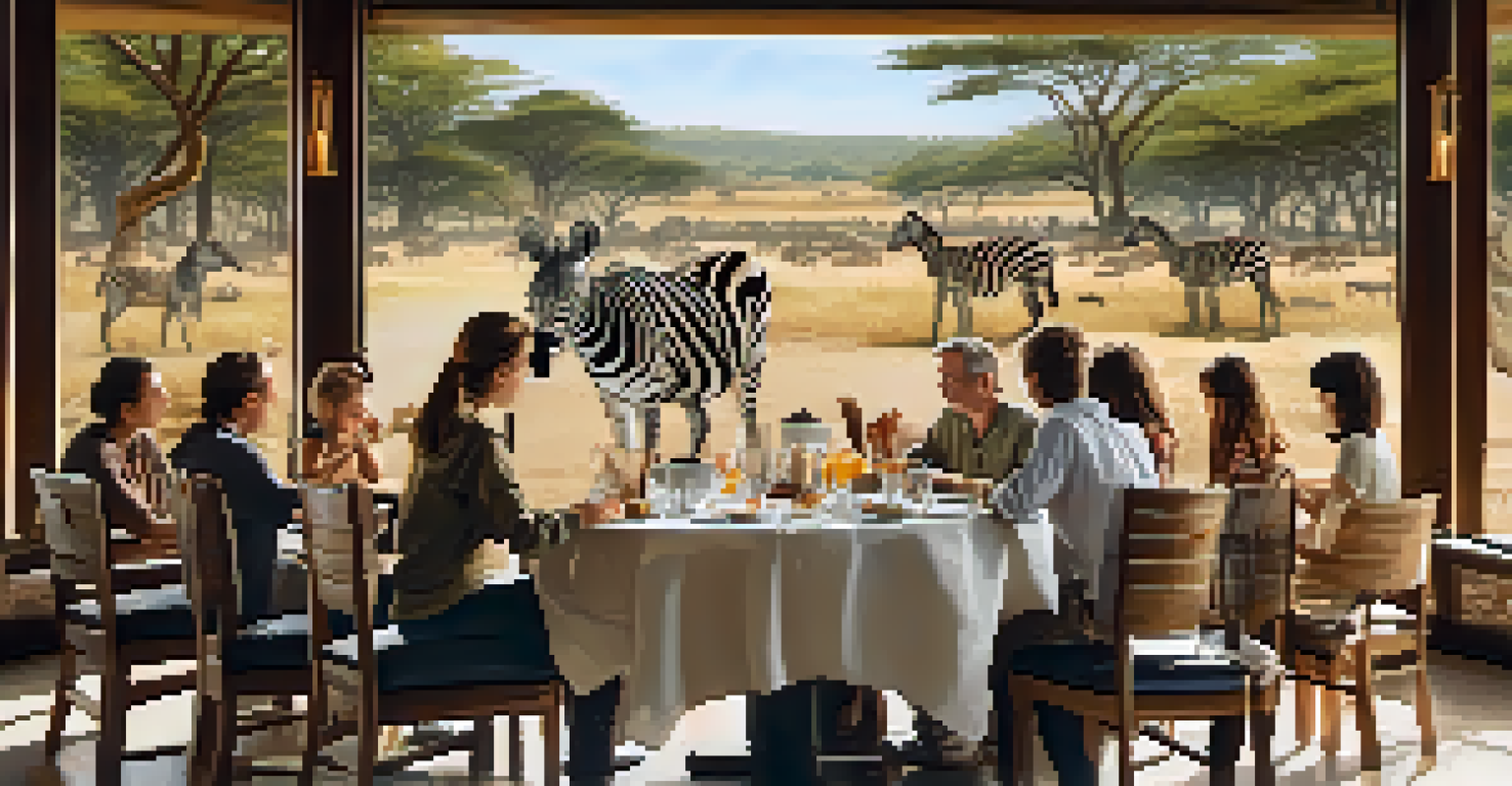A family enjoying lunch with a view of zebras and antelopes in the background at San Diego Safari Park.