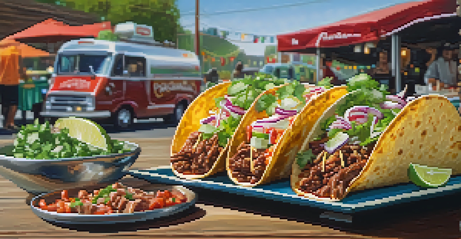 A close-up of gourmet tacos with various fillings on a wooden table, showcasing vibrant colors and garnishes.
