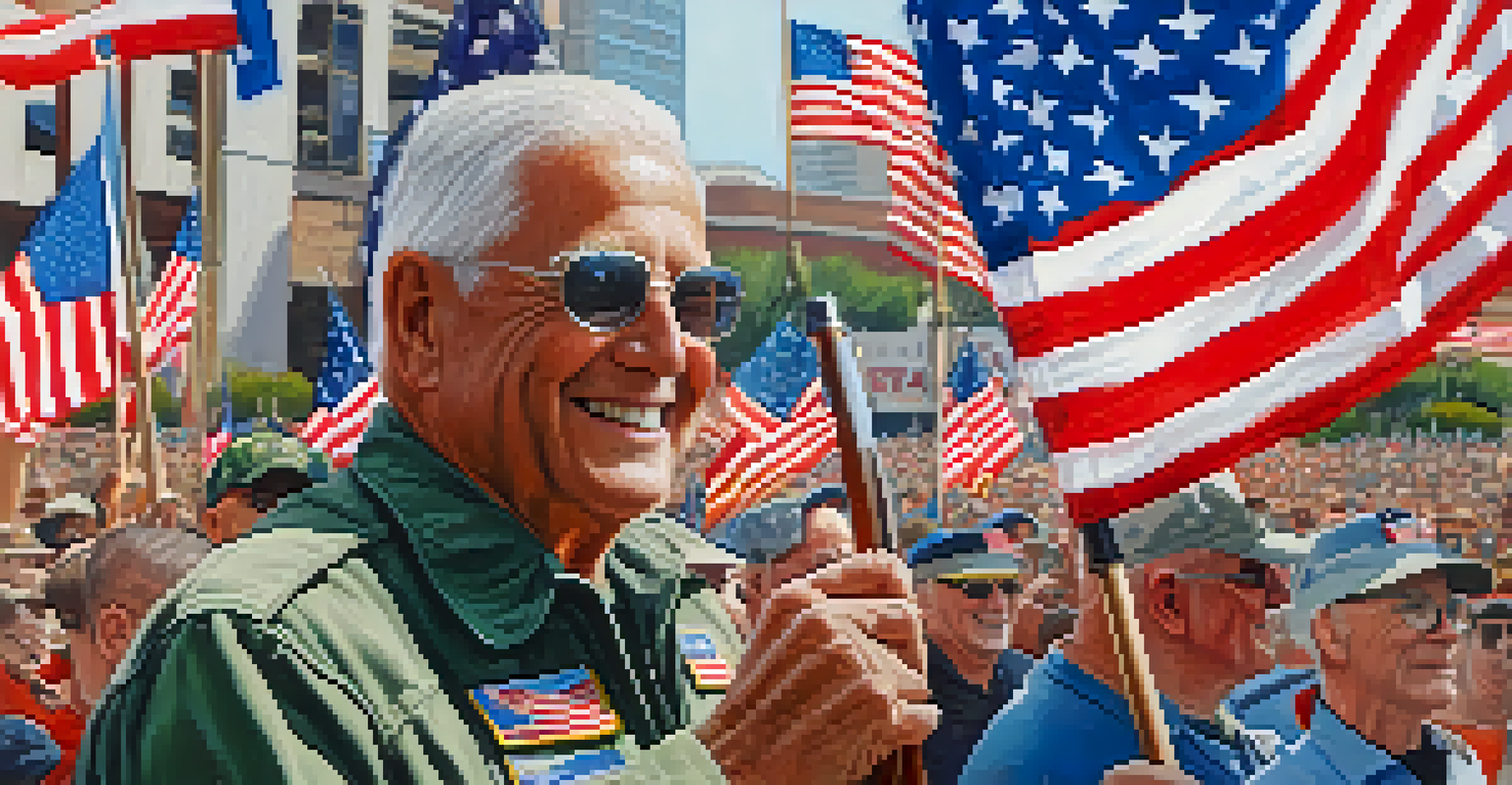 A close-up of a smiling veteran holding an American flag at the Veterans Day Parade surrounded by a supportive crowd.