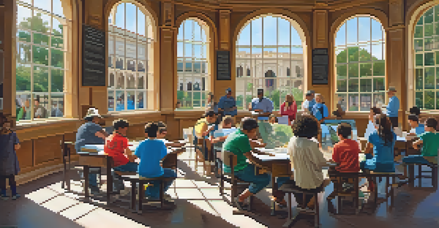 An educational workshop in Balboa Park with community members learning about local history in a historic building, surrounded by colorful posters and natural light.