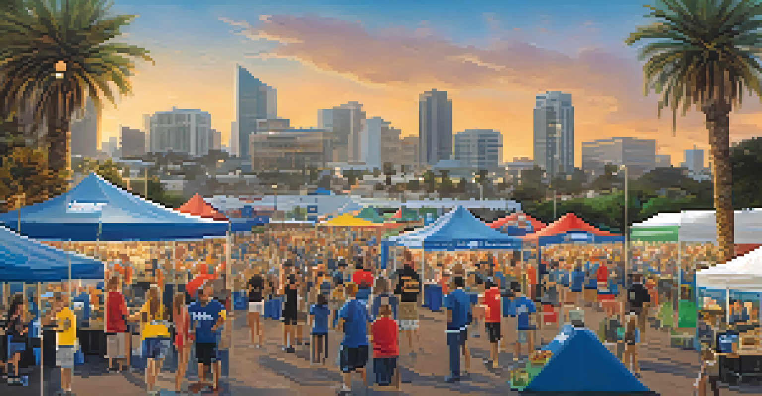 A community event featuring local sports teams, with families engaging in activities and enjoying food trucks under a lively atmosphere.