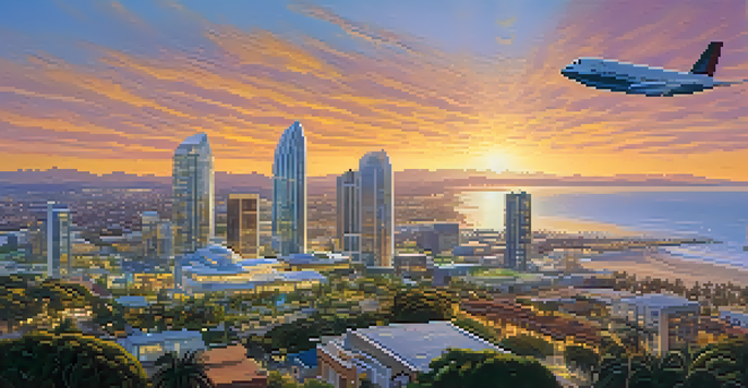 Aerial view of San Diego with a vibrant skyline, modern aerospace buildings, and the Pacific Ocean at sunset.
