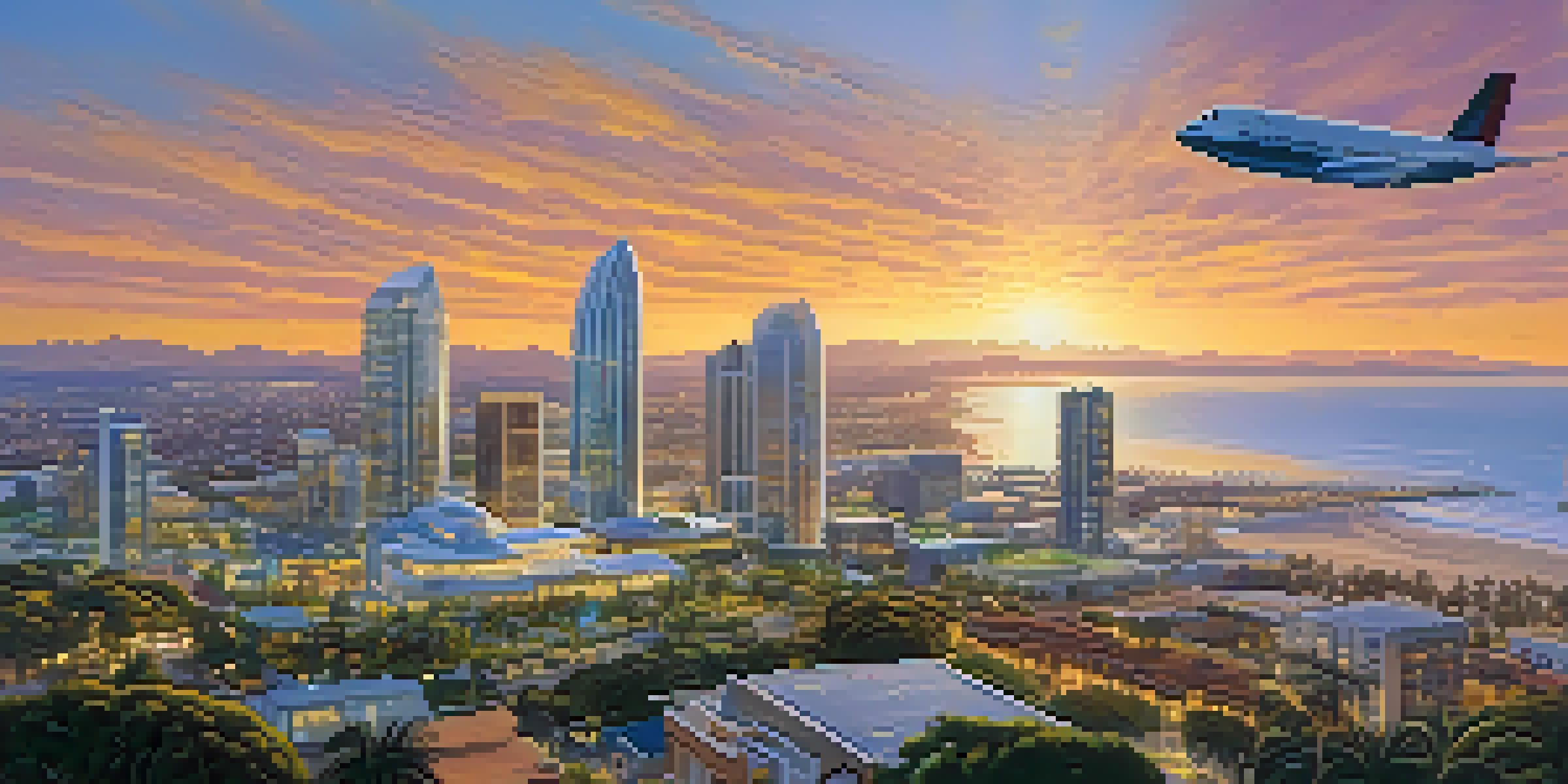 Aerial view of San Diego with a vibrant skyline, modern aerospace buildings, and the Pacific Ocean at sunset.